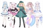  5girls :d apron arm_up asymmetrical_legwear bag bare_shoulders bikini black_boots black_gloves black_jacket black_shoes black_thighhighs black_wings blonde_hair blue_dress blue_eyes boots braid breasts brown_eyes brown_hair cleavage closed_mouth demon_girl demon_tail demon_wings dress fang fingerless_gloves frilled_apron frilled_skirt frills gloves gradient_hair green_dress green_hat grey_hair grey_pantyhose grey_shoes hair_ornament hand_on_headwear hat high_heel_boots high_heels highres jacket kinakon loafers long_hair long_sleeves low_wings medium_breasts mismatched_legwear multicolored_hair multiple_girls nail_polish navel off-shoulder_bikini off-shoulder_jacket off-shoulder_shirt off_shoulder original pantyhose peaked_cap pink_hair pink_skirt plaid_clothes plaid_skirt pleated_skirt puffy_long_sleeves puffy_short_sleeves puffy_sleeves purple_eyes purple_nails ribbon-trimmed_thighhighs ribbon_trim shirt shoes short_sleeves shoulder_bag single_sock single_thighhigh skirt sleeves_past_wrists smile socks starfish_hair_ornament streaked_hair swimsuit tail thighhighs two-tone_hair two_side_up very_long_hair white_apron white_bikini white_hair white_shirt white_shoes white_skirt white_socks white_thighhighs wings 