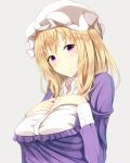  1girl blonde_hair blush breasts buttons closed_mouth collared_dress commentary_request dress fumei_(mugendai) grey_background hands_on_own_chest hat long_hair long_sleeves looking_at_viewer maribel_hearn mob_cap partially_unbuttoned purple_dress purple_eyes sleeve_cuffs smile solo touhou white_hat 