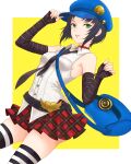  1girl absurdres bag bare_shoulders black_hair blue_hat breasts choker commentary elbow_gloves fingerless_gloves gloves green_eyes hat highres lock looking_at_viewer marie_(persona_4) messenger_bag necktie newsboy_cap padlock padlocked_choker padlocked_collar parted_lips persona persona_4 persona_4_the_golden plaid_clothes plaid_skirt shirt short_hair shoulder_bag skirt sleeveless sleeveless_shirt small_breasts smile solo striped_clothes striped_gloves striped_thighhighs thighhighs truejekart 