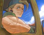  1boy backwards_hat berrysally blonde_hair blue_hat closed_mouth cloud commentary driving earpiece elbow_rest english_commentary gloves green_gloves hat highres looking_to_the_side luke_sullivan male_focus motor_vehicle multiple_scars official_alternate_costume scar scar_on_arm sideways_glance signature sky solo street_fighter street_fighter_6 truck 