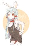  1girl alternate_costume animal_ears ark_kan black_skirt blunt_bangs blush bow bowtie breasts closed_mouth collared_shirt commentary cropped_legs dress english_text fake_animal_ears fake_tail hair_ribbon hand_on_own_hip kantai_collection long_hair looking_at_viewer medium_breasts murakumo_(kancolle) orange_eyes rabbit_ears rabbit_tail red_bow red_bowtie red_ribbon ribbon shirt sidelocks simple_background skirt sleeveless sleeveless_dress sleeveless_shirt solo star_(symbol) tail two-tone_background white_shirt wrist_cuffs 