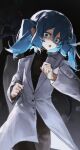  2girls :o absurdres black_background black_pants black_shirt blue_eyes blue_hair breath chi_chi_(lofter_2016543390) chinese_commentary commentary cowboy_shot gradient_background grey_background hair_between_eyes hatsune_miku hayaku_nigenakya_(vocaloid) highres lab_coat lapels looking_at_viewer monster monsterification multiple_girls notched_lapels open_mouth pants scared shirt solo_focus sweat turtleneck turtleneck_shirt two_side_up ui_(voisona) vocaloid voisona 