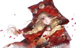  1girl absurdres blonde_hair blush braid cape choker cloak commentary_request falling_petals flower gun hair_flower hair_ornament heart heart_hair_ornament highres holding holding_weapon infinity_nikki little_red_riding_hood_(fairy_tale_character) mugoa_mugo nikki_(series) petals red_cape red_cloak red_eyes red_ribbon ribbon rifle she_is_wildfire_(infinity_nikki) simple_background solo twin_braids weapon white_background wind 