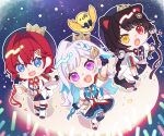  3girls :d ange_katrina animal_ears animal_hair_ornament arm_up ben-day_dots beret bird blue_background blue_eyes blue_gloves blue_hair blue_hat blue_ribbon blue_shorts blue_skirt blue_socks blush_stickers boots braid brown_tail chibi chibi_only colored_inner_hair commentary_request cope_totto crossed_bangs crown_hat_ornament dog_ears dog_girl dog_tail fang flower gloves glowstick hair_between_eyes hair_flower hair_intakes hair_ornament hat heterochromia highres index_finger_raised inui_toko jacket lize_helesta long_hair looking_at_viewer low_twin_braids medium_hair miniskirt monocle multicolored_hair multiple_girls neck_ribbon nijisanji one_ear_down open_mouth outline penlight_(glowstick) puffy_short_sleeves puffy_sleeves purple_eyes purple_ribbon red_eyes red_hair red_ribbon ribbon sanbaka_(nijisanji) sanbaka_anniversary_outfit screentones sebastian_piyodore short_sleeves shorts single_hair_intake single_wrist_cuff skirt sky smile socks star_(sky) star_(symbol) starry_sky tail triangle_hair_ornament twin_braids two-tone_hair virtual_youtuber white_boots white_hair white_jacket white_outline white_wrist_cuffs wrist_cuffs wrist_ribbon yellow_bird yellow_eyes 