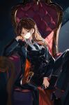  1girl absurdres alternate_costume artist_request bang_dream! bang_dream!_it's_mygo!!!!! black_jacket black_necktie black_pants black_shoes blue_eyes breasts brown_hair chair chinese_commentary closed_mouth collared_shirt commentary_request commission crossed_legs hand_on_own_cheek hand_on_own_face hand_up highres jacket light_particles long_hair long_sleeves looking_at_viewer medium_breasts nagasaki_soyo necktie on_throne pants second-party_source shirt shoes sidelocks sitting solo suit throne white_shirt 