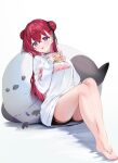  1girl :p absurdres bare_legs barefoot black_shorts breasts closed_mouth commentary_request cross-laced_clothes cross-laced_sleeves crossed_bangs cup double-parted_bangs double_bun drinking_glass feet full_body hair_between_eyes hair_bun hands_up highres holding holding_cup knees_up konkon_aria long_hair long_sleeves looking_at_viewer neco1mi neo-porte print_shirt purple_eyes red_eyes red_hair shirt short_shorts shorts simple_background sitting solo straight_hair stuffed_animal stuffed_toy sweater toenails toes tongue tongue_out virtual_youtuber white_background white_sweater 