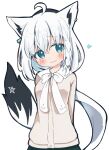  1girl ahoge animal_ear_piercing animal_ears aqua_eyes arms_behind_back beret black_hat blouse bow bowtie braid brown_shirt closed_mouth commentary contrast_collar deformed double-parted_bangs fox_ears fox_girl fox_tail green_skirt hair_between_eyes hat heart hololive long_hair long_sleeves looking_to_the_side low_ponytail official_alternate_costume official_alternate_hairstyle ponytail rabiiandrain raised_eyebrows shirakami_fubuki shirakami_fubuki_(street) shirt sidelocks single_braided_sidelock skirt smile solo tail thick_outlines virtual_youtuber white_bow white_bowtie white_hair 