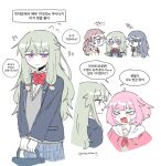  >_< 4girls black_jacket blue_eyes blush bow bowtie brown_hair closed_mouth commentary_request flying_sweatdrops green_hair grey_skirt grey_sweater highres hoshino_ichika_(project_sekai) jacket kamiyama_high_school_uniform_(project_sekai) korean_commentary korean_text kusanagi_nene long_hair miyamasuzaka_girls'_academy_school_uniform mochizuki_honami multiple_girls ootori_emu plaid_clothes plaid_skirt pleated_skirt project_sekai purple_eyes red_bow red_bowtie school_uniform skirt speech_bubble sweatdrop sweater translation_request twintails wheloo3rd 