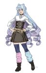  1boy absurdres alternate_costume black_choker black_skirt blue_eyes blue_hair blue_leg_warmers blue_thighhighs choker cone_hair_bun crossdressing crossdressing_(mtf) drill_hair fire_emblem fire_emblem:_three_houses fire_emblem_engage garreg_mach_monastery_uniform hair_bun hair_horns hands_on_own_hips high-waist_skirt highres juicet1n leg_warmers long_hair looking_at_viewer male_focus multicolored_hair multicolored_socks pink_hair pink_leg_warmers quad_drills rosado_(fire_emblem) shirt skindentation skirt socks solo thighhighs thighs trap very_long_hair white_shirt 