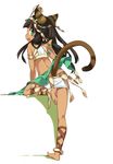  akr_et animal_ears ankle_lace-up anklet barefoot bastet_(p&amp;d) black_hair cat_ears cat_tail cross-laced_footwear crown dark_skin earrings egyptian fang full_body green_eyes jewelry long_hair looking_at_viewer looking_back midriff open_mouth puzzle_&amp;_dragons simple_background solo tail white_background 