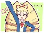  1girl amacyder arm_up artist_name blonde_hair border bow closed_eyes cropped_torso dot_nose drill_hair facing_viewer green_background hair_bow happy highres long_hair luna_platz_(mega_man) mega_man_(series) mega_man_star_force_(series) notice_lines open_mouth orange_bow outline outside_border smile solo twin_drills twitter_username upper_body very_long_hair white_border white_outline 