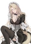  1girl absurdres animal_collar animal_ears arknights bite_mark bite_mark_on_breast black_dress black_thighhighs blue_eyes breasts brown_hair chinese_commentary cleavage closed_mouth collar commentary_request curtained_hair dog_ears dog_girl dog_tail dress droopy_ears garter_straps hickey highres joshua_(shisanli934) kristen_(arknights) leash long_hair looking_at_viewer maid maid_headdress medium_breasts simple_background sitting solo sweat tail thighhighs very_long_hair white_background 