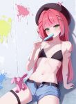  1girl against_wall arm_at_side arm_support bandaid bandaid_on_arm beans_224 belt beret black_belt black_bra black_hat black_panties blue_shorts bra breasts commentary denim denim_shorts food food_in_mouth green_eyes hair_intakes hair_ornament hairclip hanako_nana hand_up hat highres holding holding_food holding_popsicle hot long_hair looking_at_viewer melting_popsicle multicolored_hair navel no_shirt open_clothes open_fly open_shorts panties peto_(hanako_nana) pink_hair popsicle reclining short_shorts shorts small_breasts solo stellive stomach straight_hair streaked_hair string_bra stuffed_animal stuffed_rabbit stuffed_toy sweat thigh_strap underwear untranslatable_commentary virtual_youtuber x_hair_ornament 