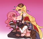  2girls armor blonde_hair breasts cagliostro_(granblue_fantasy) cape cowgirl_position crayaks djeeta_(granblue_fantasy) futa_with_female futanari granblue_fantasy green_eyes high_heels highres implied_futanari large_breasts long_hair multiple_girls oc_x_canon original pink_hair purple_eyes sex shoulder_armor straddling sweat 