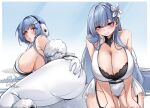  2girls absurdres ass azur_lane black_bra black_garter_straps blue_hair blush bogatyr_(azur_lane) bra breasts cleavage commentary_request commission earmuffs earrings flower garter_straps gloves grabbing_own_ass hair_flower hair_ornament highres huge_ass huge_breasts jewelry kookkub long_hair long_sidelocks looking_at_viewer multiple_girls pants parted_lips pink_eyes sideboob sidelocks signature smile thai_commentary underwear vgen_commission voroshilov_(azur_lane) white_flower white_gloves white_pants 