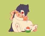 artist_name blush commentary cup english_commentary full_body green_background highres holding holding_cup juice licking mew_mew_chikorita_moon no_humans orange_juice orange_scarf pokemon pokemon_(creature) pokemon_focus red_eyes scarf simple_background sitting solo tongue tongue_out typhlosion 