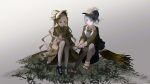  2girls absurdres asymmetrical_footwear bird_hat_ornament black_bow black_bowtie black_capelet black_flower black_hat black_rose black_shoes blonde_hair blue_hair blue_necktie bonnet bow bow_flower bowtie braid braided_hair_rings broom capelet closed_mouth collared_shirt commentary_request deerstalker dress flower frilled_dress frilled_skirt frilled_sleeves frills green_bonnet green_eyes green_shoes grey_vest h!sui hair_bow hair_flower hair_ornament hair_rings hat hat_bow highres holding_hands lolita_fashion long_hair long_sleeves looking_at_another mahou_shoujo_no_majo_saiban mismatched_footwear multiple_girls necktie pantyhose pleated_capelet rose shirt shoes short_hair sitting skirt tachibana_sherry tono_hanna twintails vest white_background white_flower white_pantyhose white_rose white_shirt wide_sleeves yellow_eyes yellow_flower yellow_rose yuri 