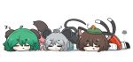  3girls :3 ahoge animal_ears animal_on_head animalization arthropod_girl black_shoes black_skirt blush brown_hair cat_ears cat_girl cat_tail chen closed_eyes closed_mouth commentary_request crab crab_girl crab_on_head deformed dress full_body green_hair green_hat grey_hair hair_between_eyes hat highres kasodani_kyouko long_sleeves lying medium_hair mouse_(animal) mouse_ears mouse_tail multiple_girls multiple_tails nazrin on_head on_stomach open_mouth parted_lips pink_dress red_skirt remilia_scarlet sea_urchin shadow shirt shoes short_eyebrows simple_background skirt sleeping smile socks spoken_zzz squeans tail thick_eyebrows toramaru_shou touhou uni_souchou white_background white_shirt white_socks zzz 
