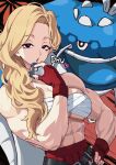  1girl abs akemi_(blue_archive) alt_text black_background black_eyes blonde_hair blowing_kiss blue_archive breasts chest_sarashi commentary_request crossed_belts crossover dondozo fingerless_gloves gloves halo heart heavy_ball highres holding holding_poke_ball large_breasts long_hair looking_at_viewer mole mole_under_eye muscular muscular_female poke_ball pokemon pokemon_(creature) red_background red_gloves red_halo sarashi two-tone_background upper_body yucblossom 