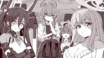  4girls ahoge aris_(armed)_(blue_archive) aris_(blue_archive) aru_(blue_archive) bikini blue_archive braid breasts closed_mouth clothes_around_waist commentary crossed_arms frilled_bikini frills frown greyscale halo hand_on_own_cheek hand_on_own_face highres huge_ahoge jacket jacket_around_waist jojo_no_kimyou_na_bouken jojo_pose korean_commentary large_breasts leotard long_hair looking_at_viewer mika_(blue_archive) mika_(swimsuit)_(blue_archive) monochrome multiple_girls neru_(blue_archive) neru_(school_uniform)_(blue_archive) official_alternate_costume official_alternate_hairstyle open_clothes open_shirt school_uniform shaded_face short_hair side_braid single_braid smile swimsuit the_pillar_men_awaken twintails yusang 