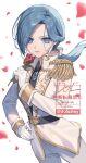  1girl belt black_belt blue_eyes blue_gem blue_hair breasts brooch coat commentary crossdressing crossdressing_(ftm) curtained_hair dolustoy epaulettes flower gem gloves hair_ribbon hand_on_own_hip highres holding holding_flower inazuma_eleven inazuma_eleven_(series) inazuma_eleven_cross jewelry large_breasts long_hair long_sleeves military_uniform multicolored_hair no_pupils official_alternate_costume parted_bangs petals red_flower red_petals red_rose ribbon rose solo streaked_hair two-tone_hair white_background white_coat white_gloves white_ribbon white_streaks yagami_reina 