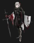  1girl armor black_cloak blood blood_on_clothes bone chainmail cloak fang hair_ribbon highres knight original plate_armor red_scarf ribbon scabbard scarf schellergheist sheath shield sword weapon 