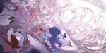  2girls absurdres arcaea black_hair black_umbrella blue_butterfly bow bug butterfly collar commentary detached_collar detached_wings draaaaaaalch dress dress_bow flower frilled_dress frilled_sleeves frills garter_belt gloves hair_bow hair_ornament highres hikari_(arcaea) hikari_(fatalis)_(arcaea) holding holding_umbrella long_hair long_sleeves mechanical_wings mini_person minigirl multiple_girls pink_bow pink_flower pink_hair pink_rose red_butterfly red_eyes rose tairitsu_(arcaea) tairitsu_(tempest)_(arcaea) thighhighs umbrella very_long_hair white_collar white_dress white_gloves white_sleeves white_thighhighs wide_sleeves wings 