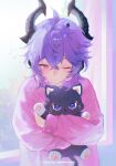 2boys ahoge animal_hug animalization black_cat black_horns blush cat closed_mouth commentary crossed_bangs curtains dot_nose durin_(genshin_impact) elle_(maltmochie) english_commentary english_text eyeshadow genshin_impact hair_between_eyes highres horns indoors long_sleeves looking_at_viewer makeup male_focus medium_hair multiple_boys one_eye_closed pajamas pink_pajamas purple_eyes purple_hair red_eyeshadow scaramouche_(genshin_impact) sleepy standing twitter_username upper_body wanderer_(genshin_impact) window 