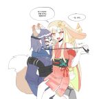  2girls absurdres animal_ear_fluff animal_ears bare_shoulders black_hair blonde_hair blue_hair blue_hoodie blush cho_kaguya-hime! commentary_request crescent crescent_hair_ornament ear_blush eye_contact face-to-face forehead_jewel fox_ears fox_tail green_eyes hair_ornament highres holding holding_leash hood hoodie japanese_clothes kaguya_(cho_kaguya-hime!) kaguya_(tsukuyomi)_(cho_kaguya-hime!) kimono korean_commentary korean_text leash looking_at_another lop_rabbit_ears multicolored_hair multiple_girls muzzle_(mask) orange_eyes rabbit_ears sakayori_iroha sakayori_iroha_(tsukuyomi) sitting sitting_on_lap sitting_on_person tail translation_request twitter_username two-tone_hair wheloo3rd white_background yuri 