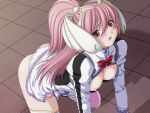  1girl 2000s_(style) :o all_fours blush breasts brown_eyes en_ciel_rena game_asset kourin_tenshi_en_ciel_rena long_hair magical_girl medium_breasts night nipples non-web_source official_art open_clothes open_mouth open_shirt outdoors panties pink_hair ponytail saitou_natsuki self-datamine shirt solo sweat thighhighs tile_floor tiles tomoe_rena underwear variant_set visual_novel_cg white_panties 