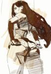  1girl adjusting_clothes antsiart ass black_hair clothes_pull crop_top detached_sleeves final_fantasy final_fantasy_vii greyscale highres long_hair looking_back midriff monochrome short_shorts shorts shorts_pull sketch square_enix tifa_lockhart underbutt white_background 