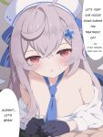  1girl beatrixa_(stella_sora) breasts cleavage collarbone commentary_request english_text gloves grey_hair hair_between_eyes hair_ornament halo hat highres medium_breasts necktie nurse_cap pov red_eyes shi3yin1 simple_background stella_sora sweatdrop 