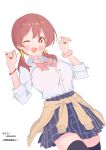  1girl :d ;d alternate_costume artist_name black_thighhighs blush bow bowtie breasts brown_eyes brown_hair brown_jacket clothes_around_waist commentary cowboy_shot gyaru hands_up highres jacket jacket_around_waist kogal large_breasts looking_at_viewer loose_bowtie low_twintails medium_hair multicolored_hair murosaki_miyo nail_polish one_eye_closed onii-chan_wa_oshimai! open_mouth orange_nails pa_panahana pink_bow pink_bowtie pink_scrunchie plaid_clothes plaid_skirt pleated_skirt red_hair scrunchie shirt simple_background skirt sleeves_rolled_up smile solo thighhighs twintails two-tone_hair w_arms white_background white_shirt wing_collar wrist_scrunchie zettai_ryouiki 