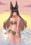  1girl absurdres alternate_costume animal_ear_fluff animal_ears bare_shoulders bikini black_hair blunt_bangs breasts by_nearreya cloud collarbone commentary dusk fox_ears fox_girl green_bikini green_sarong highleg highleg_bikini highres hoshimi_miyabi long_hair navel outdoors red_eyes sarong see-through_clothes see-through_sarong side-tie_bikini_bottom signature sky solo stomach string_bikini swimsuit triangle_bikini_top untranslatable_commentary wading water zenless_zone_zero 