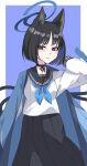  1girl absurdres animal_ear_fluff animal_ears arm_behind_head black_sailor_collar black_skirt blue_archive blue_background blue_neckerchief border cat_ears cat_girl cat_tail commentary_request halo hand_up highres kikyou_(blue_archive) long_sleeves multiple_tails neckerchief pleated_skirt puffy_long_sleeves puffy_sleeves ryoji_minato sailor_collar shirt short_hair skirt solo tail two_tails white_border white_shirt 