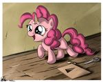  absurd_res blue_eyes border cub equine female feral friendship_is_magic fur hair hi_res horse inside mammal my_little_pony neko-me open_mouth pink_fur pink_hair pinkie_pie_(mlp) pony scissors smile solo tape tongue young 