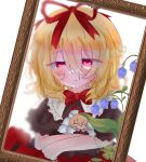  black_shirt blonde_hair blue_flower blush bow bowtie commentary_request crossed_arms doll dress flower highres hugging_object lily_of_the_valley looking_at_mirror medicine_melancholy mirror red_bow red_bowtie red_dress red_eyes shirt su-san touhou user_cnhu8483 
