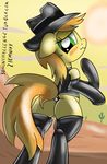  blonde_hair blush braeburn_(mlp) butt cactus clothing crossgender equine female feral friendship_is_magic green_eyes hair horse jacket looking_back mammal my_little_pony outside pony pussy pussy_juice socks solo ziemniax 