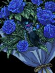  1other armor black_hair blue_flower blue_rose blue_skin bouquet breastplate colored_skin commentary deltarune flower gauntlets highres knee_up kris_(dark_world)_(deltarune) kris_(deltarune) mini_person partially_shaded_face pink_scarf rose scarf short_hair utdr_(toby_fox) yukssaxm 