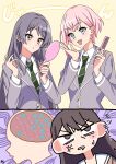  3girls alternate_hairstyle anger_vein bang_dream! bang_dream!_it's_mygo!!!!! brown_eyes brown_hair chihaya_anon comb commentary_request diagonal-striped_clothes diagonal-striped_necktie fang green_necktie grey_eyes grey_hair grey_jacket hair_length_switch hairstyle_switch hanasakigawa_school_uniform haneoka_school_uniform highres holding holding_comb jacket long_hair mole mole_under_eye multiple_girls necktie open_mouth ora_(oraora_oekaki) parted_lips pink_hair purple_eyes school_uniform shiina_taki short_hair striped_clothes striped_necktie sweatdrop takamatsu_tomori translated 