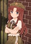  1girl absurdres beret black_ribbon blue_eyes blush braid brick_wall collared_shirt commentary_request cowboy_shot crossed_arms green_hat green_skirt green_vest hat highres hong_meiling ichigo_(ichigoxxusagi) long_hair looking_at_viewer neck_ribbon red_hair ribbon shirt short_sleeves signature skirt skirt_set smile solo touhou twin_braids vest white_shirt 
