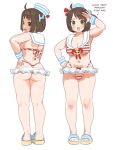  1girl :d ahoge anchor_ornament armpit_peek bikini blush bow breasts brown_hair commentary conto cosplay curvy english_commentary english_text from_behind full_body green_eyes hand_on_own_head hand_on_own_hip hat highleg highleg_bikini highres large_breasts looking_at_self looking_at_viewer mahjong_fight_girl medium_hair microskirt multiple_views navel original plump sailor_collar sailor_hat salute sandals side_ponytail simple_background skirt slides smile standing straight-on striped_bikini striped_clothes striped_wrist_cuffs sweatdrop swept_bangs swimsuit thick_arms thick_thighs thighs thong umizora_(conto) white_background wide_hips wrist_cuffs y-string 