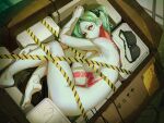  1girl absurdres alternate_breast_size_(larger) barefoot black_bra black_nails box bra breasts cable cardboard_box caution_tape colored_sclera colored_skin commentary completely_nude cyberpunk:_edgerunners cyberpunk_(series) cyborg dudrinm feet fingernails from_above green_hair highres in_box in_container leg_tattoo light_blush long_fingernails looking_at_viewer lying medium_breasts nail_polish neck_tattoo nude on_side pink_tattoo rebecca_(cyberpunk) red_pupils red_sclera soles solo stomach_tattoo tattoo toenail_polish toenails toes underwear unworn_bra white_skin 
