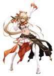  1girl alternate_hair_length_(longer) arm_up ascot belt black_thighhighs blonde_hair boots bow breasts bustier cape colored_shoe_soles commentary_request crop_top cropped_vest cross-laced_bustier dark-skinned_female dark_elf dark_skin detached_sleeves elf fenrir_(fenlil0316) full_body gold_trim hair_bow high_heel_boots high_heels highres holding holding_microphone hololive hololive_fantasy_1st_anniversary_outfit large_breasts linea_alba long_hair long_sidelocks microphone midriff miniskirt multicolored_hair multiple_belts navel official_alternate_costume one_eye_closed orange_bow orange_cape orange_trim overskirt pleated_skirt pointing pointing_up pointy_ears red_eyes shiranui_flare sidelocks simple_background skirt solo stomach streaked_hair thigh_boots thighhighs thighhighs_under_boots very_long_hair vest virtual_youtuber waist_cape white_background white_boots white_bustier white_skirt white_sleeves white_streaks white_vest wide_belt wide_sleeves zettai_ryouiki 