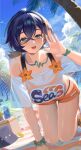  1girl absurdres airseal beach belle_(summer_skies)_(zenless_zone_zero) belle_(zenless_zone_zero) bikini bikini_top_under_shirt bikini_under_clothes blue_hair blue_sky bracelet breasts clothes_writing cloud commentary_request green_eyes hair_between_eyes hat highres jewelry kneeling leaning looking_at_viewer medium_breasts official_alternate_costume open_mouth orange_bikini orange_shorts outdoors palm_tree see-through_clothes see-through_shirt shirt short_hair short_shorts shorts sky smile solo swimsuit thighs tree unworn_hat unworn_headwear wet white_shirt zenless_zone_zero 