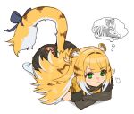  1girl animal_ear_fluff animal_ears black_shorts blush bow closed_mouth colored_inner_hair commentary english_commentary green_eyes highres jacket ju_fufu k_hara17_d long_hair multicolored_hair no_shoes shorts simple_background socks solo speech_bubble striped_fur striped_hair tail tail_bow tail_ornament thought_bubble tiger tiger_ears tiger_girl tiger_stripes tiger_tail white_background white_socks yellow_jacket zenless_zone_zero 