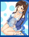  ball beachball bikini bikini_skirt brown_eyes brown_hair choker highres hood hooded_track_jacket hoodie idolmaster idolmaster_cinderella_girls jacket long_hair minami_machi nitta_minami open_clothes open_hoodie open_jacket solo swimsuit track_jacket venus_syndrome 