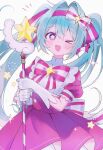  1girl aqua_hair blue_eyes bow bow_hairband bowtie commentary dress gloves hairband hatsune_miku highres ima_sugu_rinne_(vocaloid) long_hair looking_at_viewer magical_girl one_eye_closed open_mouth pink_bow pink_bowtie pink_dress pink_hairband puffy_short_sleeves puffy_sleeves short_sleeves simple_background solo star-shaped_pupils star_(symbol) striped_bow striped_bowtie striped_clothes symbol-shaped_pupils syunmin_n000 twintails two-tone_bow two-tone_bowtie very_long_hair vocaloid white_background white_bow white_bowtie white_gloves 