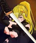  1girl absurdres ass blonde_hair blue_eyes blush bodysuit braid braided_base breasts commentary darkness_(konosuba) english_commentary hair_rings hehil_art highres huge_ass kono_subarashii_sekai_ni_shukufuku_wo! large_breasts long_hair looking_at_viewer mature_female nipples ponytail ponytail_with_braided_base solo sword thick_thighs thighs torn_bodysuit torn_clothes weapon 