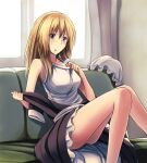  1girl blush breasts camisole collarbone commentary_request couch dress frilled_dress frills fumei_(mugendai) hat hot legs long_hair long_sleeves looking_at_viewer medium_breasts mob_cap on_couch open_mouth purple_dress sash sitting sleeve_cuffs solo sweatdrop tank_top touhou undressing unworn_headwear usami_renko white_hat white_sash white_tank_top 